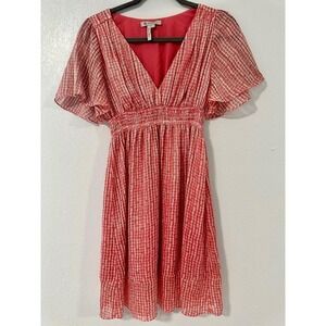 BCBGeneration Red White Dot Flutter Sleeve Smocked Waist Dress‎ Women's Sz Small